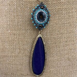 Agate Dyed Dark Blue with Western Beaded Design Necklace #casual #western